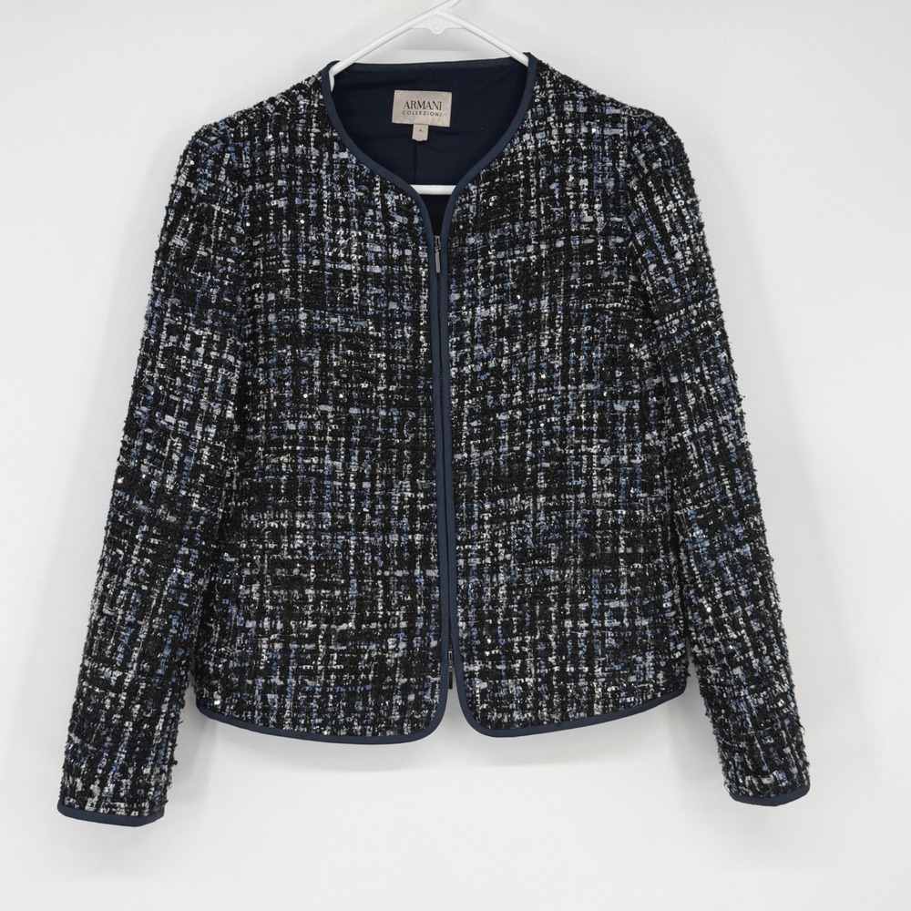 Armani Collezioni Womens Blue Black Sequin Tweed Zip Front Jacket Size 4